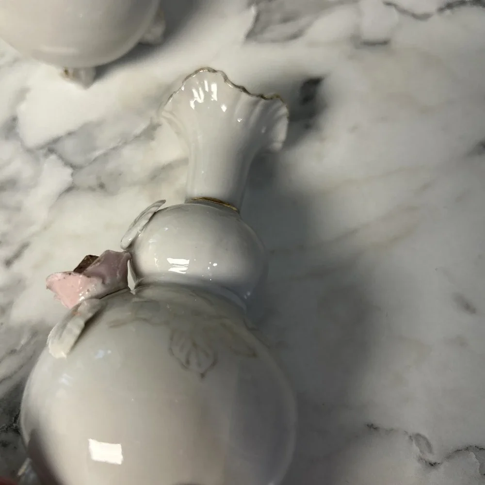 Floral Rose Victorian Bud Vase Old World Footed set of 2 Vintage Shabby Chic